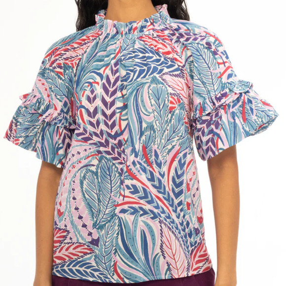 Banjanan Short Sleeve Marie Cotton Top Feather Chili Blue Pink BFA23TC654 Small - Picture 5 of 7